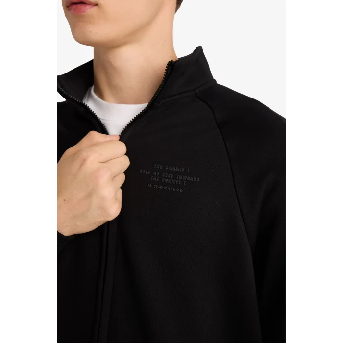 Defacto E1367AXBK81 Siyah Boxy Fit Dik Yaka Baskılı İçi Yumuşak Tüylü Cepli Fermuarlı Sweatshirt