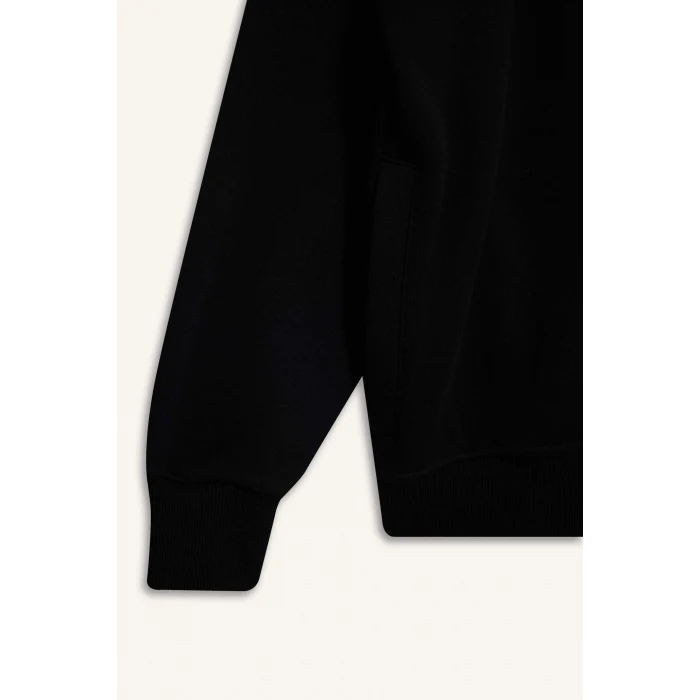 Defacto E1367AXBK81 Siyah Boxy Fit Dik Yaka Baskılı İçi Yumuşak Tüylü Cepli Fermuarlı Sweatshirt