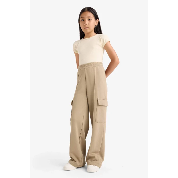 Defacto E6930A8BG403 Bej Kız Çocuk Beli Lastikli Wide Leg Kargo Eşofman Altı