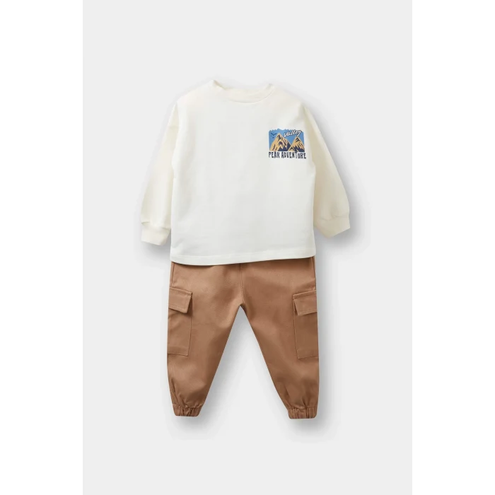 Defacto F1587A5ER105 Ekru Erkek Bebek 2li Takım Baskılı Sweatshirt Kargo Cepli Pantolon