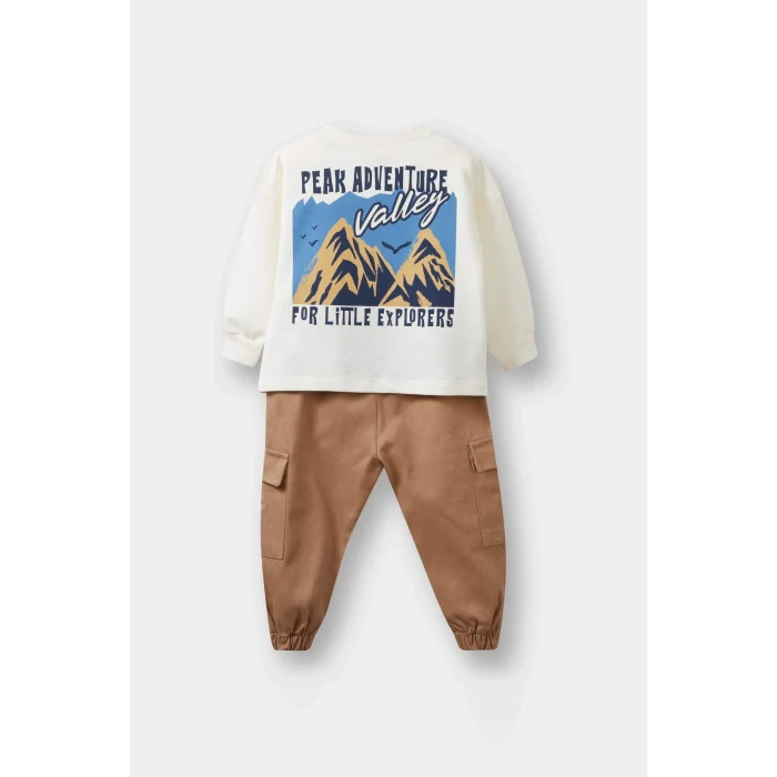 Defacto F1587A5ER105 Ekru Erkek Bebek 2li Takım Baskılı Sweatshirt Kargo Cepli Pantolon