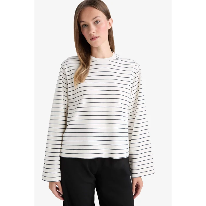 Defacto G0378AXER105 Ekru Regular Fit Bisiklet Yaka Uzun Kollu Çizgili Tunik