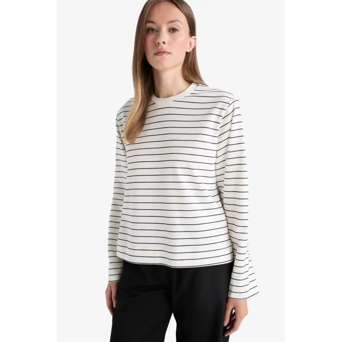 Defacto G0378AXER105 Ekru Regular Fit Bisiklet Yaka Uzun Kollu Çizgili Tunik