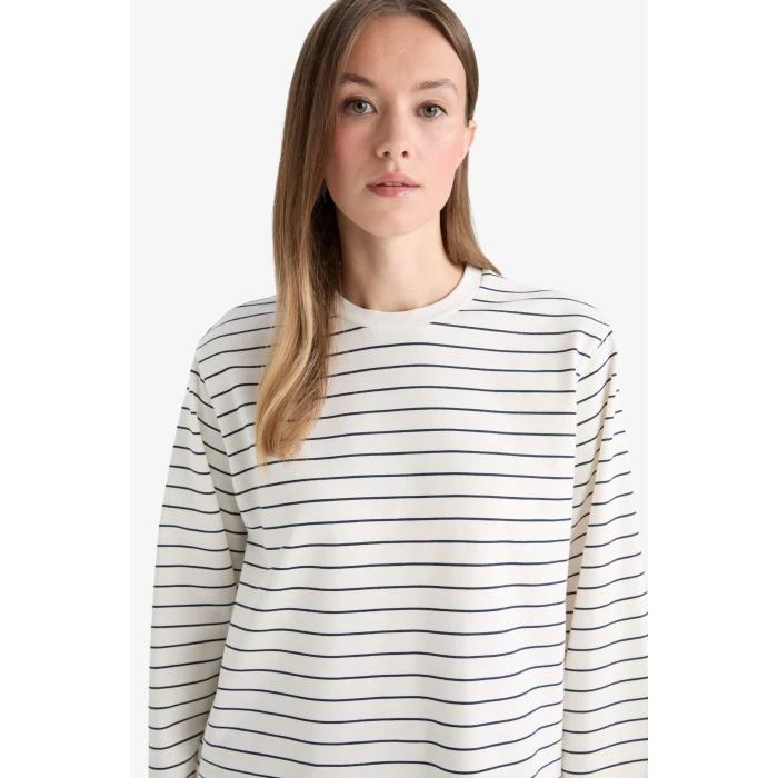 Defacto G0378AXER105 Ekru Regular Fit Bisiklet Yaka Uzun Kollu Çizgili Tunik