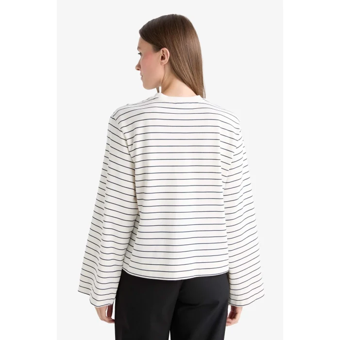 Defacto G0378AXER105 Ekru Regular Fit Bisiklet Yaka Uzun Kollu Çizgili Tunik