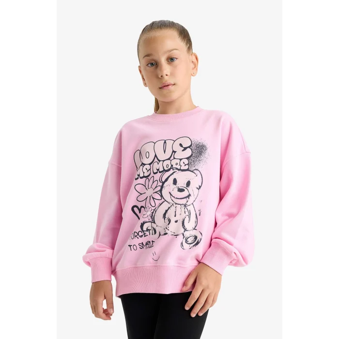 Defacto E6755A8PN666 Pembe Kız Çocuk Oversize Geniş Kalıp Bisiklet Yaka Baskılı Sweatshirt