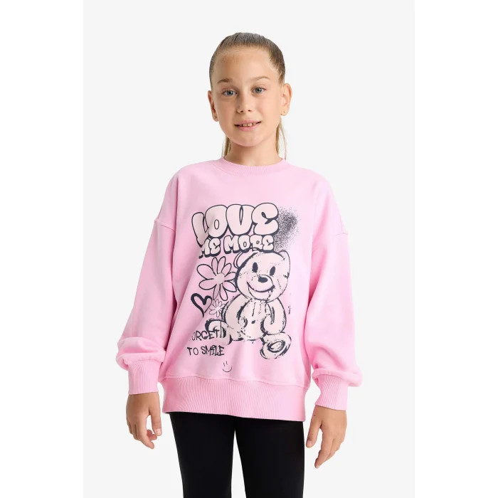Defacto E6755A8PN666 Pembe Kız Çocuk Oversize Geniş Kalıp Bisiklet Yaka Baskılı Sweatshirt