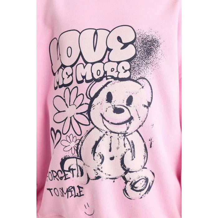 Defacto E6755A8PN666 Pembe Kız Çocuk Oversize Geniş Kalıp Bisiklet Yaka Baskılı Sweatshirt