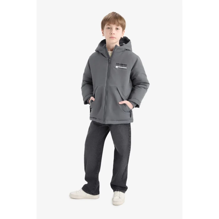 Defacto C4318A8AR58 Antrasit Erkek Çocuk Su Geçirmez Kapüşonlu Fermuarlı Cepli Mont