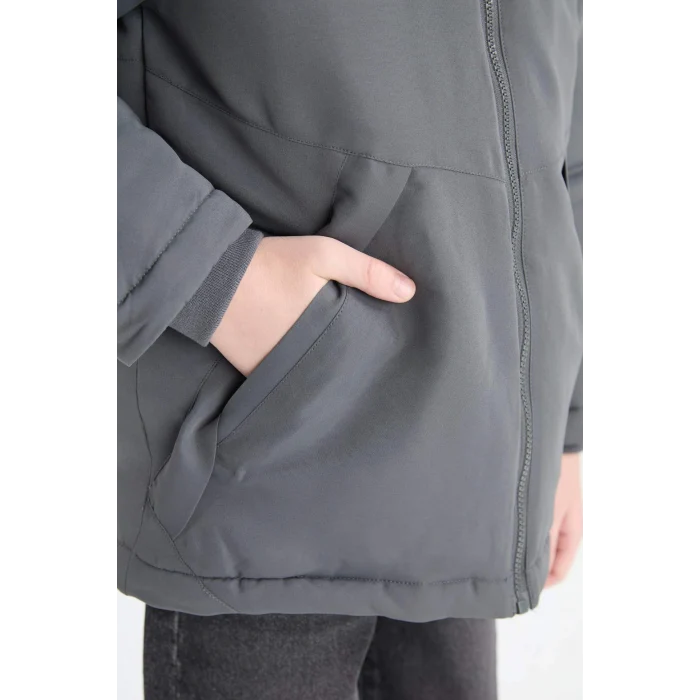 Defacto C4318A8AR58 Antrasit Erkek Çocuk Su Geçirmez Kapüşonlu Fermuarlı Cepli Mont