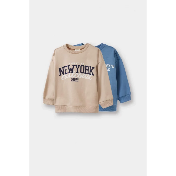 Defacto F3463A5BG775 Bej Erkek Bebek Bisiklet Yaka Baskılı İçi Yumuşak Tüylü 2li Sweatshirt