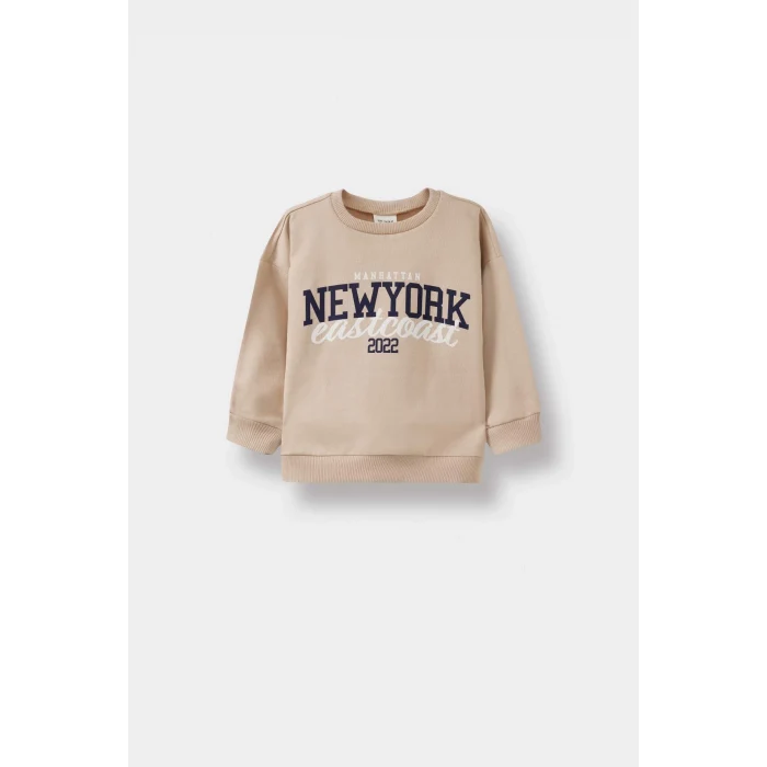 Defacto F3463A5BG775 Bej Erkek Bebek Bisiklet Yaka Baskılı İçi Yumuşak Tüylü 2li Sweatshirt