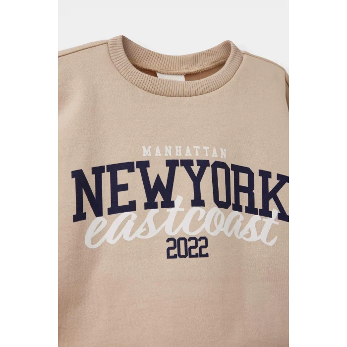 Defacto F3463A5BG775 Bej Erkek Bebek Bisiklet Yaka Baskılı İçi Yumuşak Tüylü 2li Sweatshirt