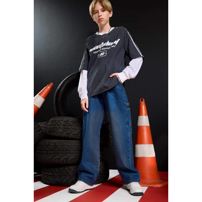 Defacto F0457 Mavi Erkek Çocuk Wide Leg Düz Paça Jean Pantolon