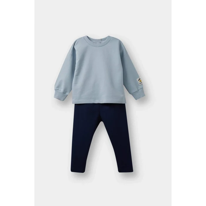Defacto F1589 Mavi Erkek Bebek 2li Takım Etiket Baskılı Sweatshirt Eşofman Altı
