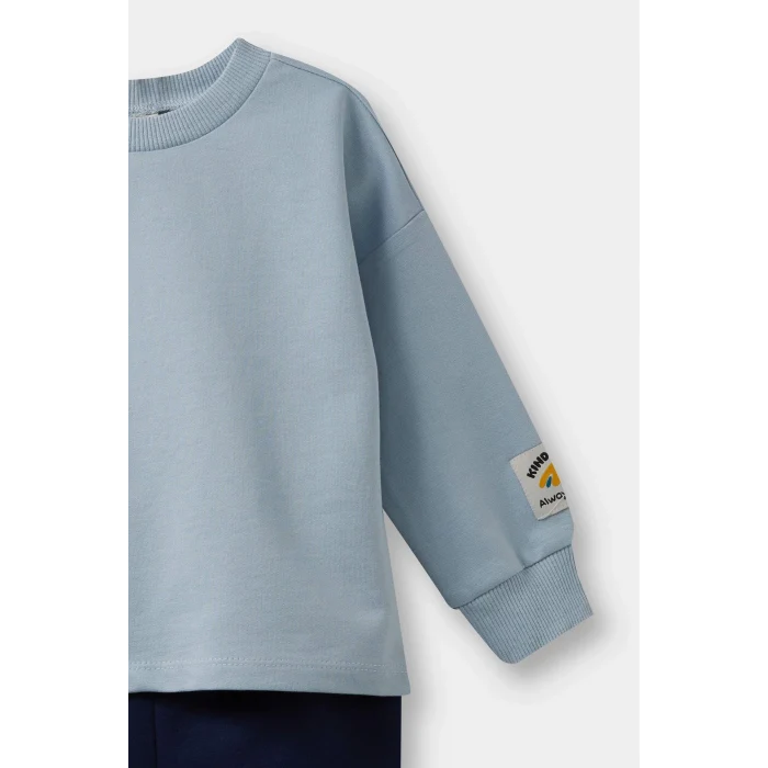 Defacto F1589 Mavi Erkek Bebek 2li Takım Etiket Baskılı Sweatshirt Eşofman Altı