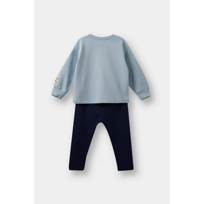Defacto F1589 Mavi Erkek Bebek 2li Takım Etiket Baskılı Sweatshirt Eşofman Altı