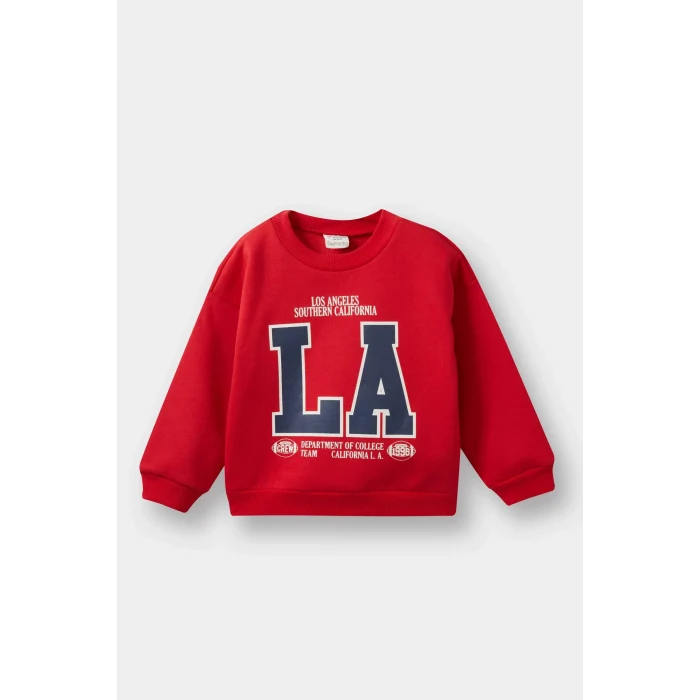 Defacto E9238A5RD79 Kırmızı Erkek Bebek Bisiklet Yaka Baskılı İçi Yumuşak Tüylü Sweatshirt