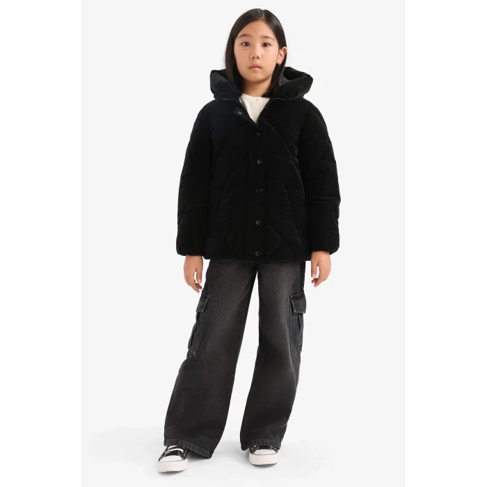 Defacto A0839A8BK27 Siyah Kız Çocuk Kapüşonlu Fermuarlı Çıtçıtlı Kapitoneli Mont