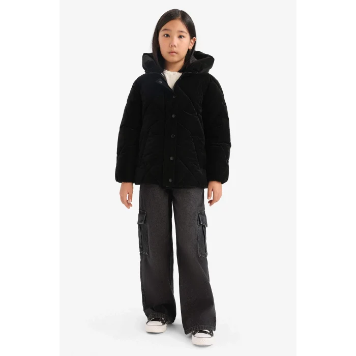 Defacto A0839A8BK27 Siyah Kız Çocuk Kapüşonlu Fermuarlı Çıtçıtlı Kapitoneli Mont