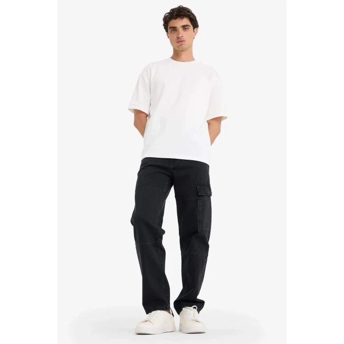 Defacto F2986AXNM40 Siyah %100 Pamuk Relax Fit Geniş Paça Kargo Cepli Jean Pantolon