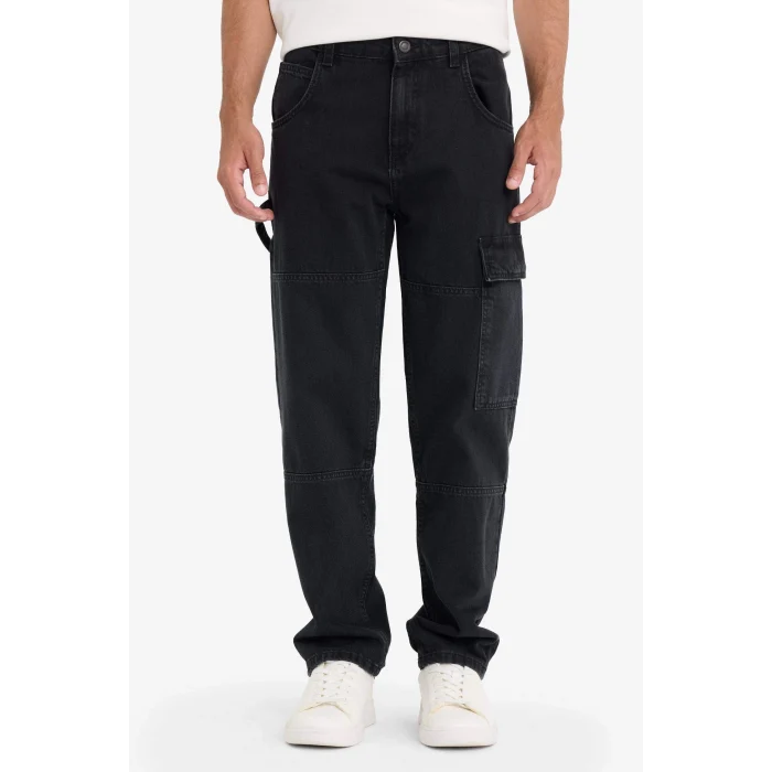 Defacto F2986AXNM40 Siyah %100 Pamuk Relax Fit Geniş Paça Kargo Cepli Jean Pantolon