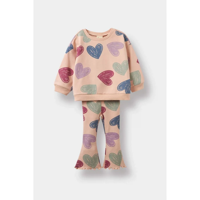 Defacto F0516A5PN672 Pembe Kız Bebek 2li Takım Kalp Desenli Sweatshirt İspanyol Paça Tayt