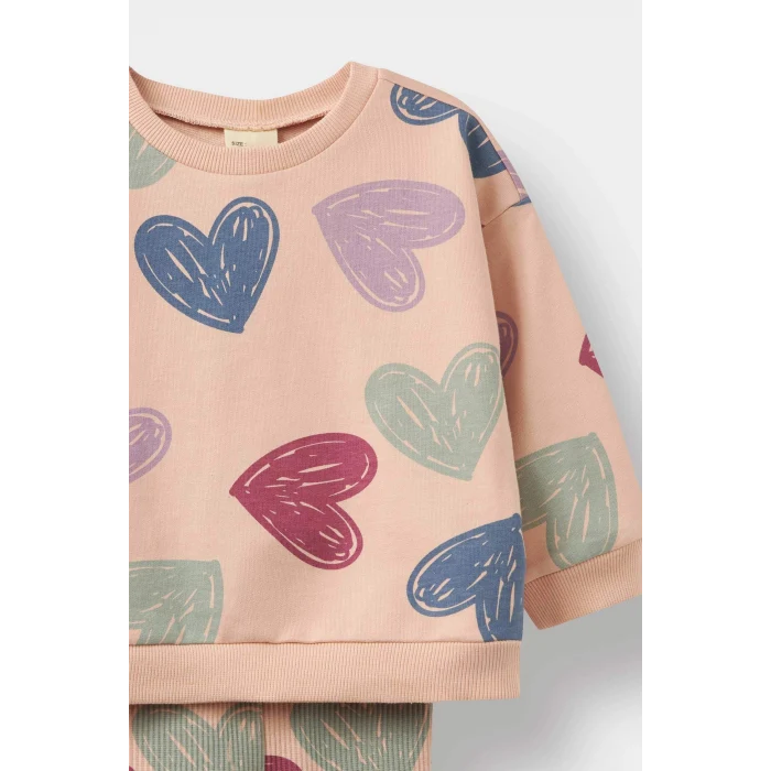 Defacto F0516A5PN672 Pembe Kız Bebek 2li Takım Kalp Desenli Sweatshirt İspanyol Paça Tayt
