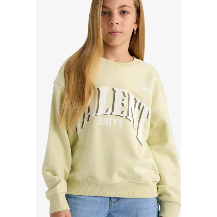 Defacto E6760A8GN1236 Yeşil Kız Çocuk Relax Fit Bisiklet Yaka Baskılı Sweatshirt