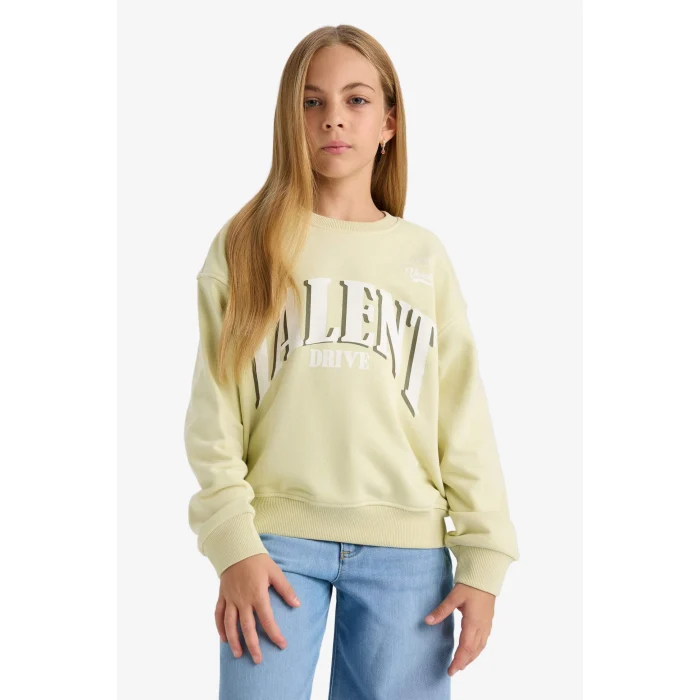 Defacto E6760A8GN1236 Yeşil Kız Çocuk Relax Fit Bisiklet Yaka Baskılı Sweatshirt