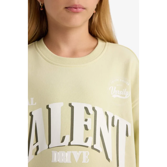 Defacto E6760A8GN1236 Yeşil Kız Çocuk Relax Fit Bisiklet Yaka Baskılı Sweatshirt