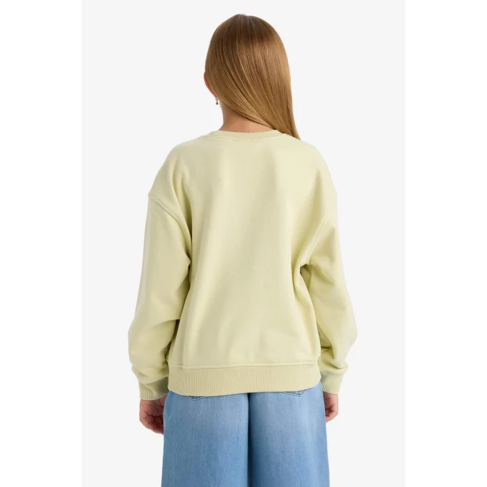 Defacto E6760A8GN1236 Yeşil Kız Çocuk Relax Fit Bisiklet Yaka Baskılı Sweatshirt