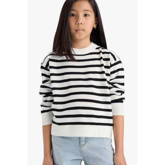 Defacto C6903A8BK27 Siyah Kız Çocuk Standart Fit Bisiklet Yaka Çizgili Triko Kazak