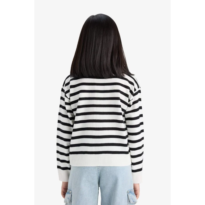 Defacto C6903A8BK27 Siyah Kız Çocuk Standart Fit Bisiklet Yaka Çizgili Triko Kazak