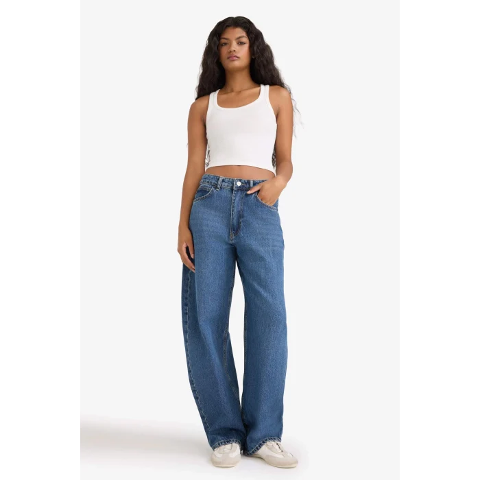 Defacto F7688AXNM34 Mavi Barrel Fit Yüksek Bel Katlamalı Paça Jean Yıkamalı Pantolon