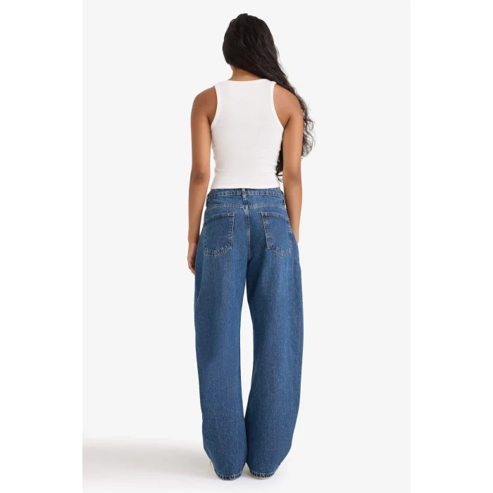 Defacto F7688AXNM34 Mavi Barrel Fit Yüksek Bel Katlamalı Paça Jean Yıkamalı Pantolon