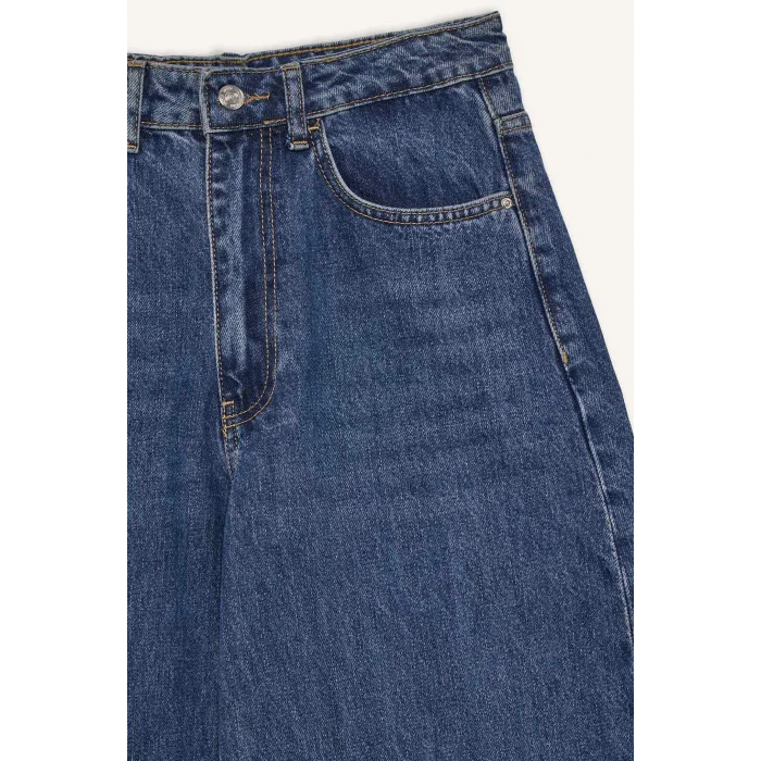 Defacto F7688AXNM34 Mavi Barrel Fit Yüksek Bel Katlamalı Paça Jean Yıkamalı Pantolon