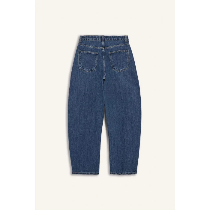 Defacto F7688AXNM34 Mavi Barrel Fit Yüksek Bel Katlamalı Paça Jean Yıkamalı Pantolon