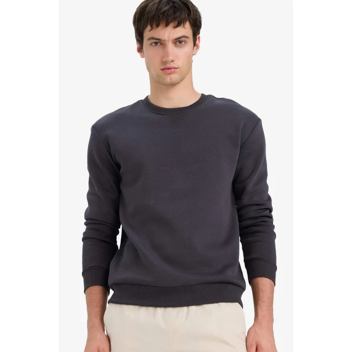 Defacto T3777AZAR138 Antrasit Regular Fit Bisiklet Yaka Basic Düz Kalın Sweatshirt