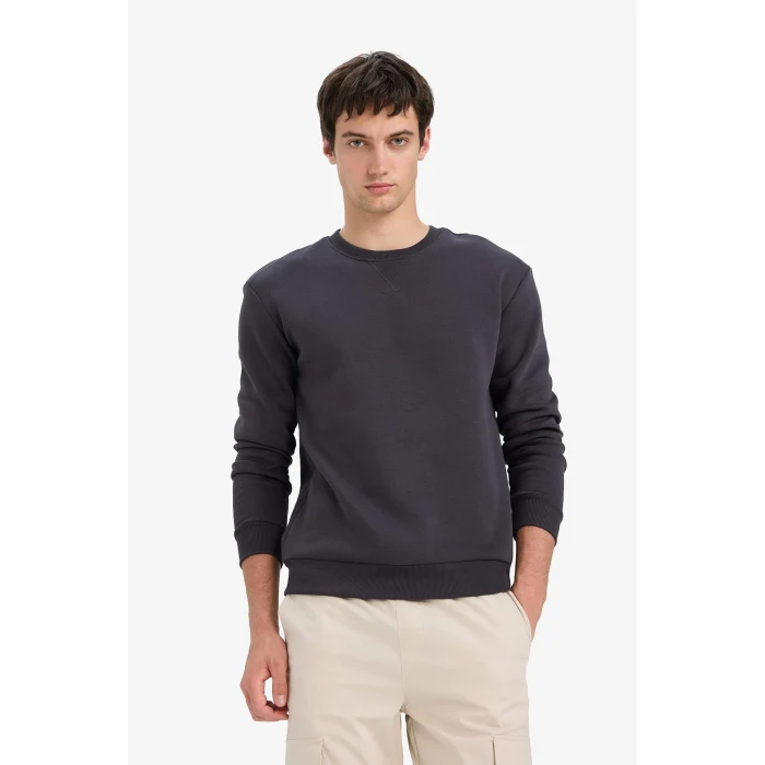 Defacto T3777AZAR138 Antrasit Regular Fit Bisiklet Yaka Basic Düz Kalın Sweatshirt