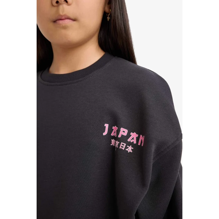 Defacto E6756A8AR220 Antrasit Kız Çocuk Oversize Geniş Kalıp Bisiklet Yaka Sırt Baskılı Sweatshirt
