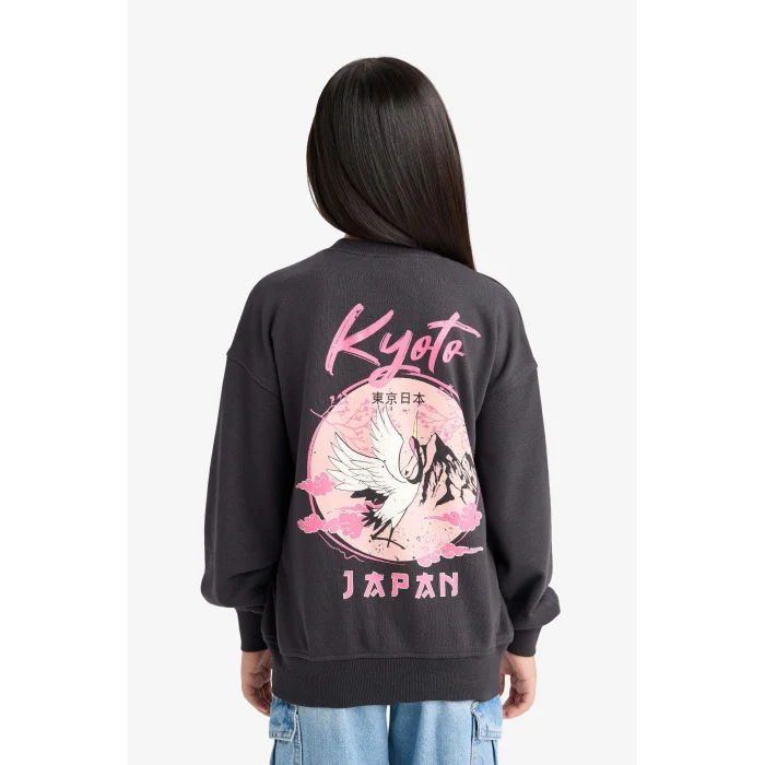 Defacto E6756A8AR220 Antrasit Kız Çocuk Oversize Geniş Kalıp Bisiklet Yaka Sırt Baskılı Sweatshirt