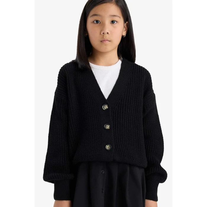 Defacto A2298A8BK27 Siyah Kız Çocuk V Yaka Düğmeli Triko Hırka