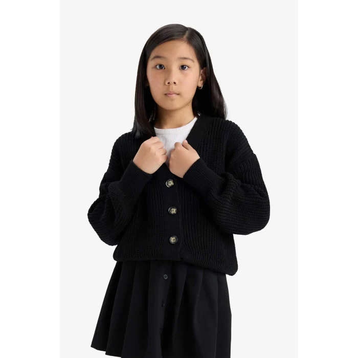 Defacto A2298A8BK27 Siyah Kız Çocuk V Yaka Düğmeli Triko Hırka
