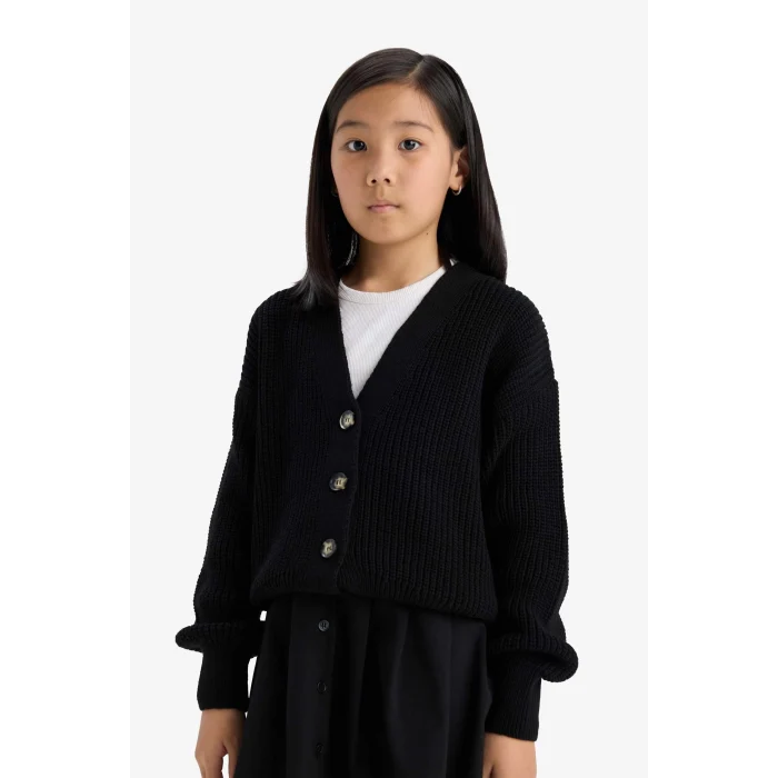 Defacto A2298A8BK27 Siyah Kız Çocuk V Yaka Düğmeli Triko Hırka