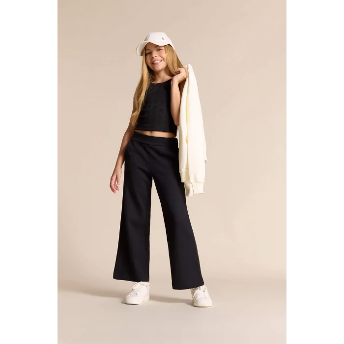 Defacto E8293 Siyah Kız Çocuk Wide Leg Waffle Geniş Paça Pantolon