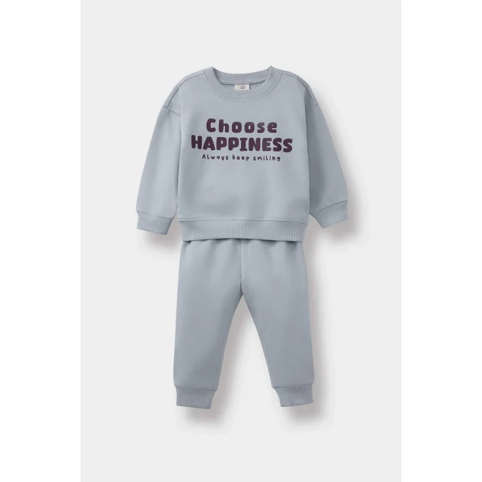 Defacto E8985A5GR297 Gri Erkek Bebek 2li Takım Baskılı Sweatshirt Eşofman Altı