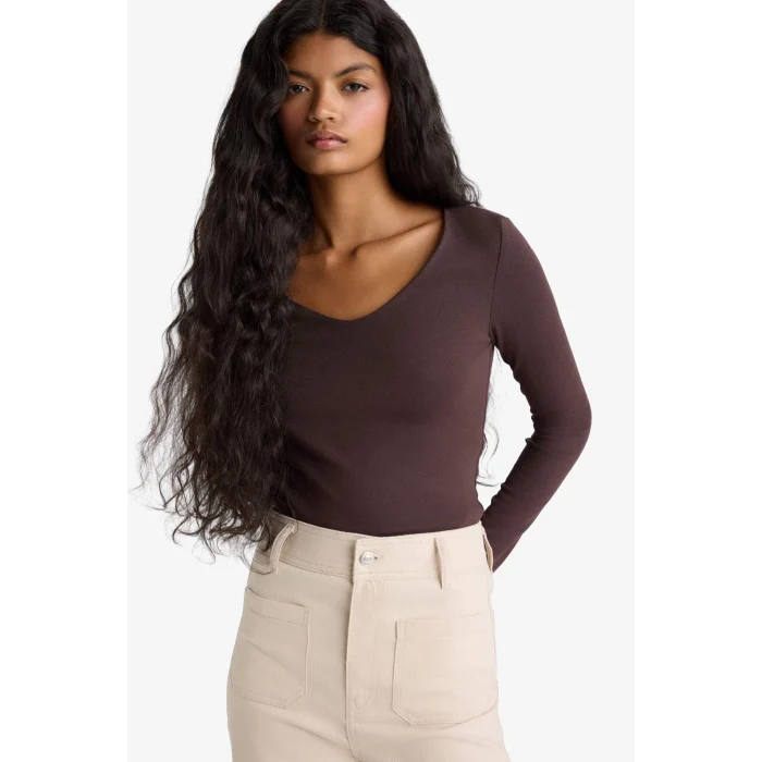 Defacto F7153AXBN340 Kahve Slim Fit Dar Kesim Basic Düz Modal Uzun Kollu Tişört