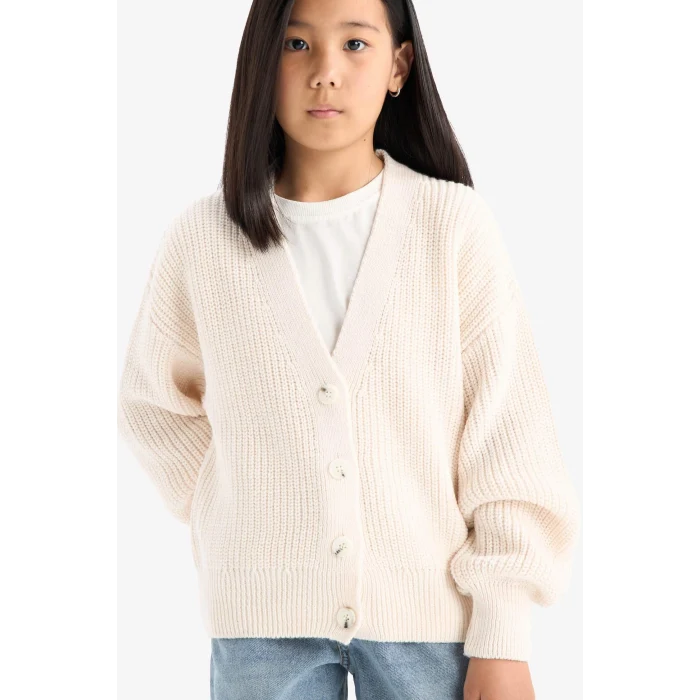 Defacto A2298A8ER105 Ekru Kız Çocuk V Yaka Düğmeli Triko Hırka