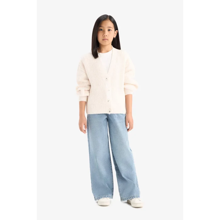 Defacto A2298A8ER105 Ekru Kız Çocuk V Yaka Düğmeli Triko Hırka